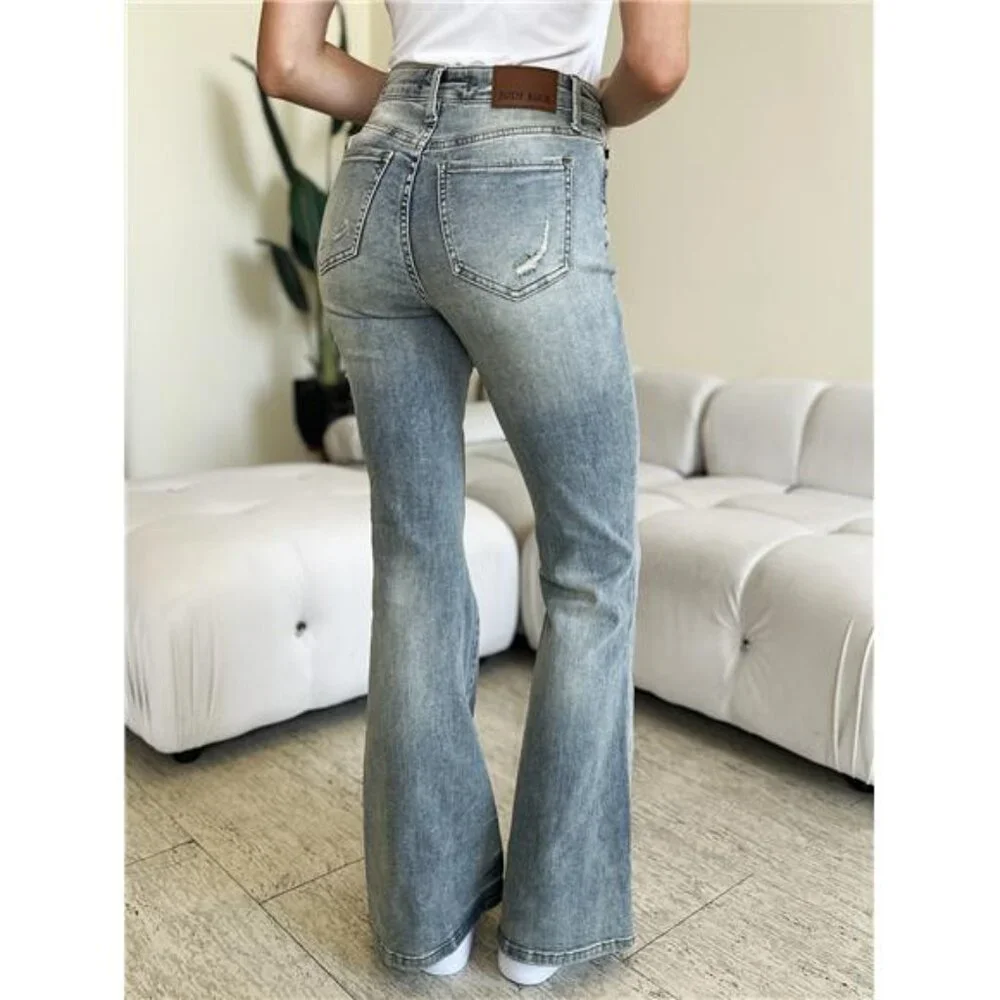 NWT ๐ Judy Blue Mid Rise Flare Jeans, Faded Detailing, Reg and Plus Sizes - Picture 5 of 9